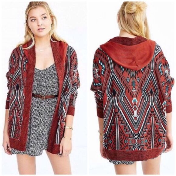 Ecote BrandTribal Print Rust Color Hooded Open Front Cardigan Sweater Size Small - Picture 1 of 11